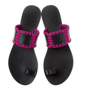 Aethra - Handmade Black Leather Sandals with Fuchsia Stitching